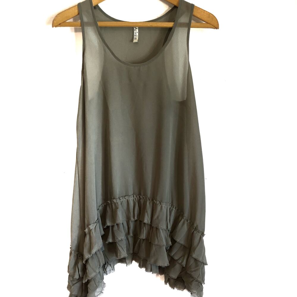 Ariella Sheer Green Tunic Tank Top Ruffle Lightweight Asymetric Small Boho Chic